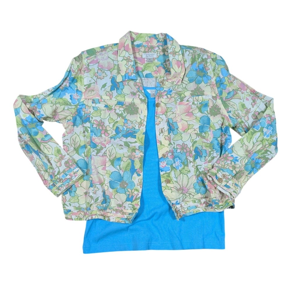 Christopher & Banks Womens XL Floral Jacket and Ribbed Tank Top 2 Piece Set Blue